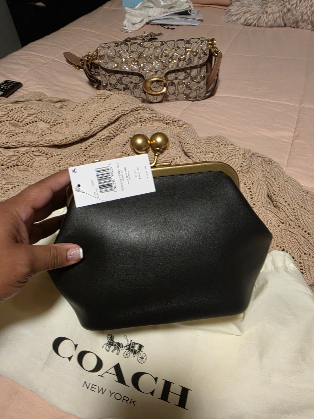 COACH Small Black Leather Kiss-Lock Clutch